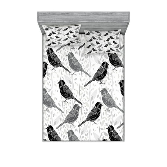 Ambesonne Grey Fitted Sheet & Pillow Sham Set, Vintage Style White Roses, Full, Grey White