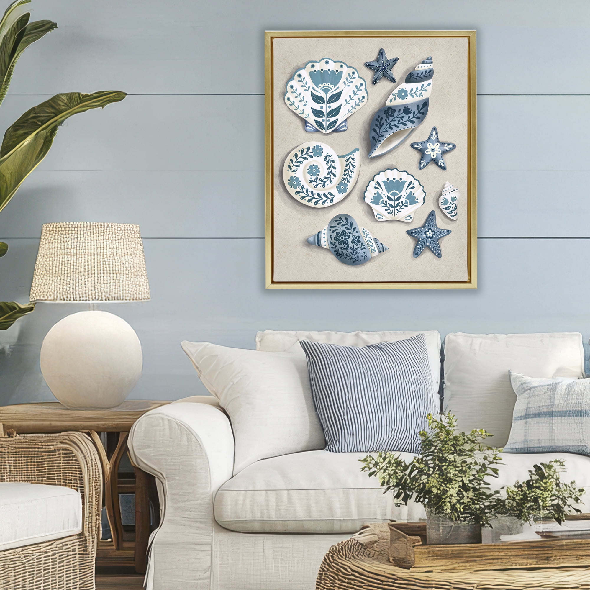 Stupell Industries Teal Nautical Floral Seashells Gold Framed Floater Canvas Wall Art, design by Penny Aguilera