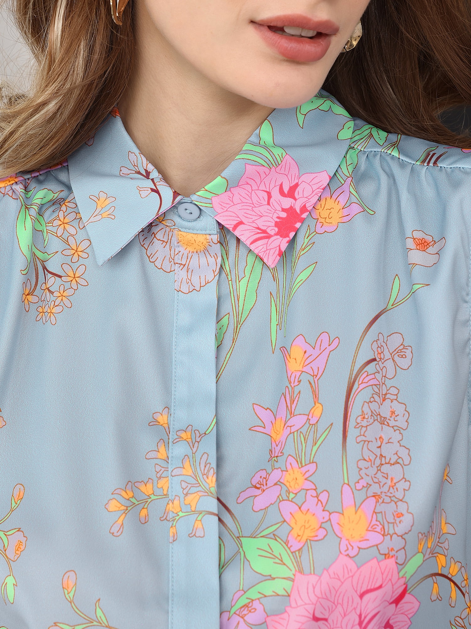 DARING DIVA Women's Sleeveless Floral Button Down Casual Shirts 2XL Light Blue