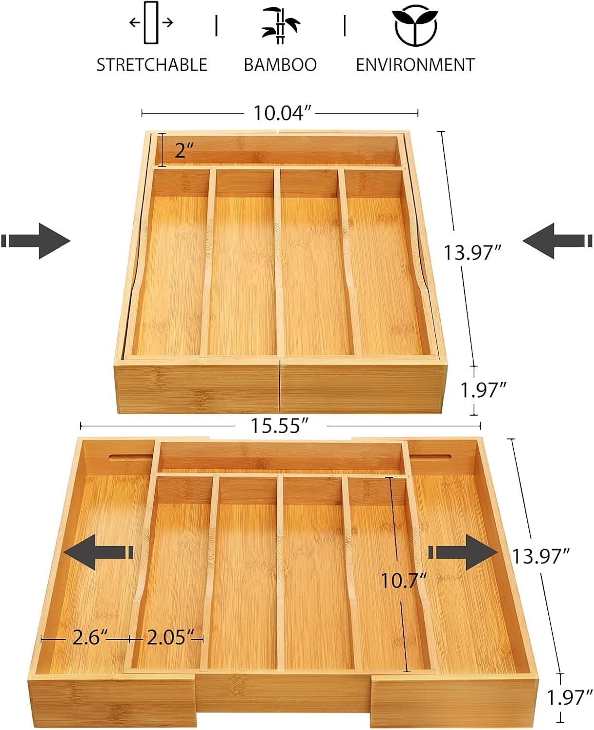 Expandable Bamboo Kitchen Drawer Organizer for Cutlery and Utensils, Adjustable Bamboo Wood Cutlery Tray in Drawer for Flatware and Silverware in Kitchen, (Natural)