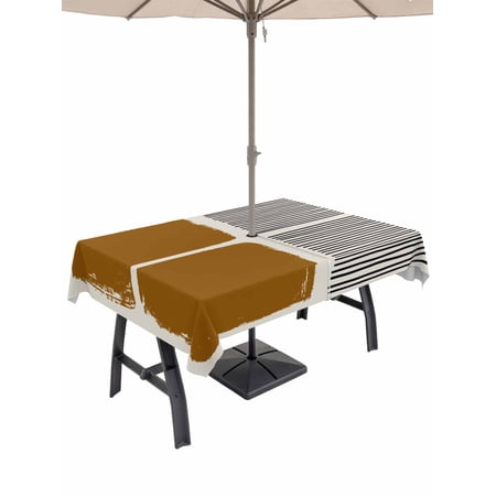 Outdoor Tablecloths with Umbrella Hole & Zipper Brown Rectangle Tablecloth 60x120 Inch Modern Painting Farmhouse Striped Abstract Art Waterproof Table Cloth Patio/Pool/Picnic Table Covers