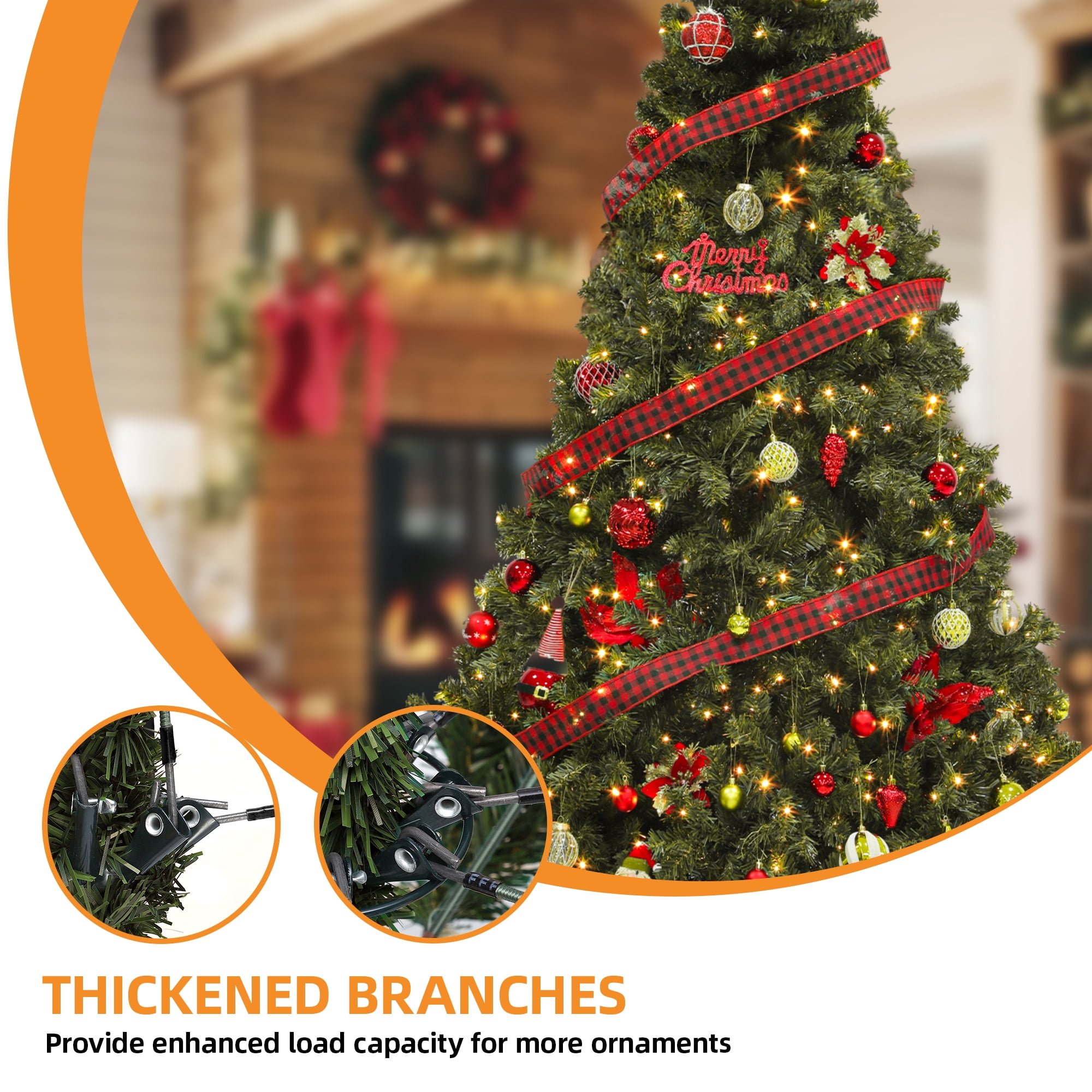 Uforic 7.5ft Pre-Lit Artificial Christmas Tree,Holiday Decoration Christmas Tree with 1346 Branch Tips, 550 Warm Lights, for Home, Office, and Party, Green
