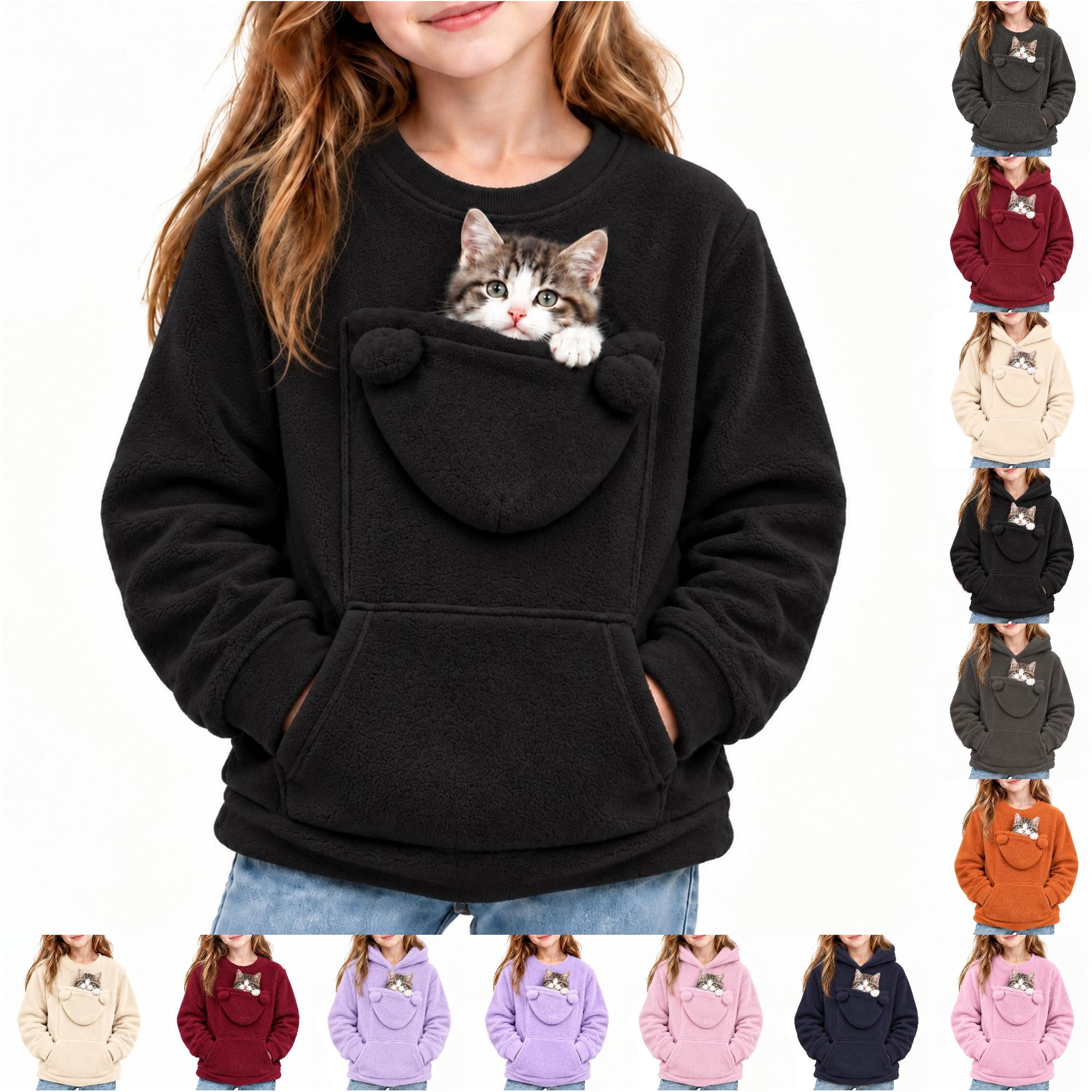 VBEWZET Pet Pocket Hoodie Kids Fleece Hoodie with Pouch Pocket Girls Long Sleeve Pullover Sweatshirt Casual Cozy Top B-Black 7-8 Years