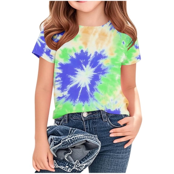 CYRBOKO Toddler Girls Graphic Tees, Casual Crew Neck Short Sleeve Tie-dye Summer T-Shirts Dark Blue Size 3-4 T