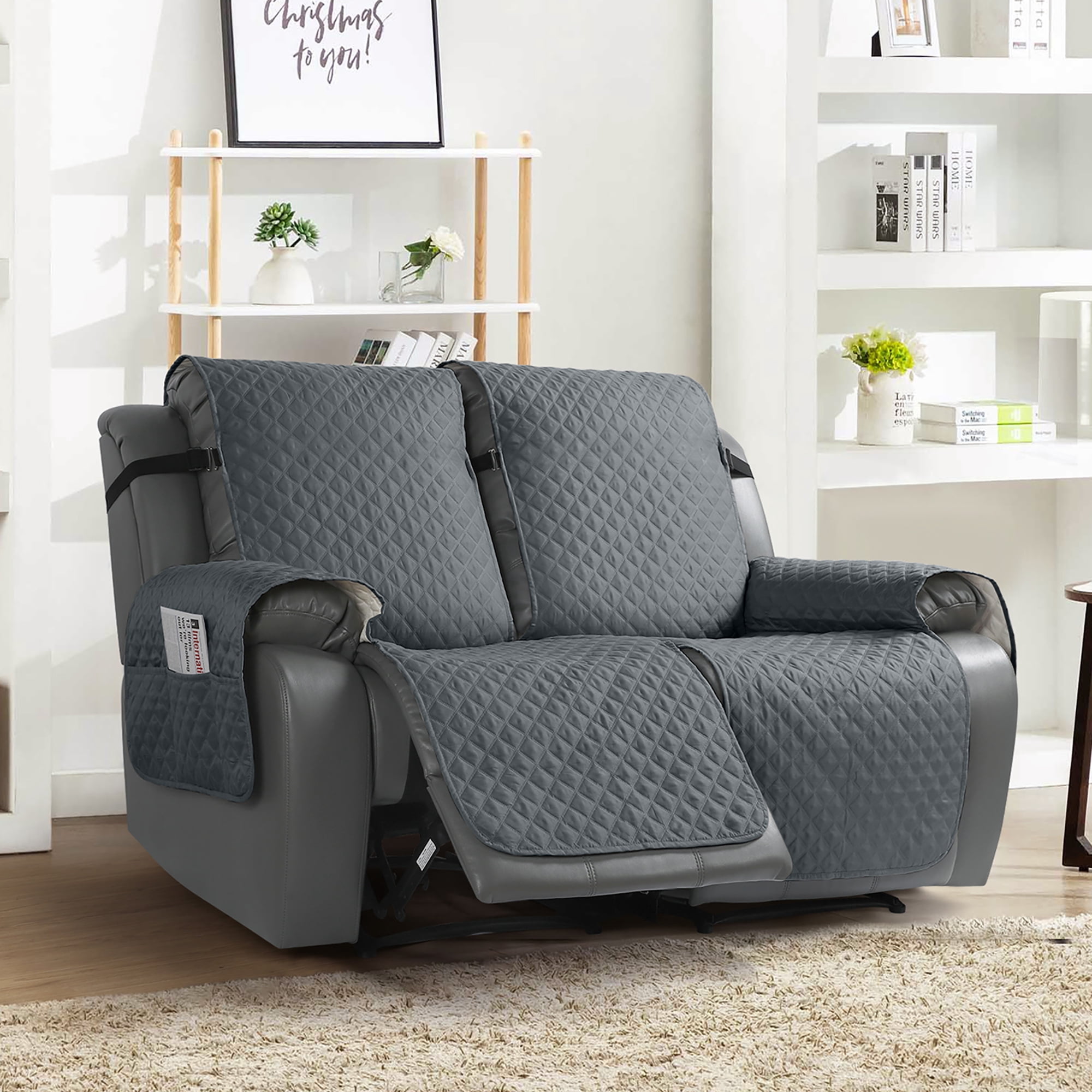 TAOCOCO Anti-Slip Loveseat Recliner Slipcover,2-Seat Sofa Cover Qulited Recliner Couch Covers Dark Gray