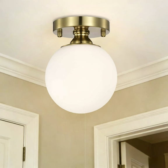 Gold Semi Flush Mount Ceiling Light, 5.9" Opal Glass Globe, for Hallway and Entryway