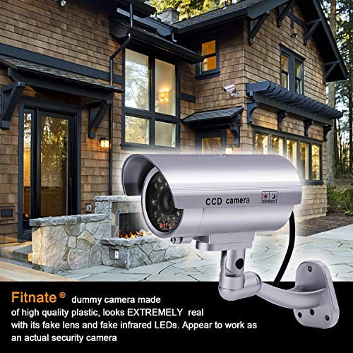 Caméra de Sécurité Factice, FITNATE 4 Packs Fausse Surveillance Système de Caméra CCTV avec Lumière LED Rouge Clignotante pour Usage Intérieur et Extérieur + Autocollants d'Avertissement de Caméra de Sécurité 4 (Argent)