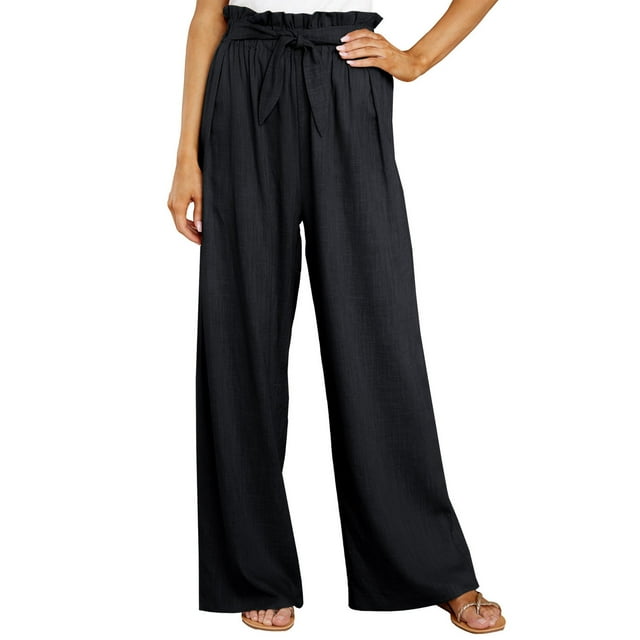 Pantalones Sueltos Pierna Salvaje Talle Alto Pretina Elástica Bolsillo Lateral Pantalones Fluidos Cinturón Atado Versátil para Mujer Negro M