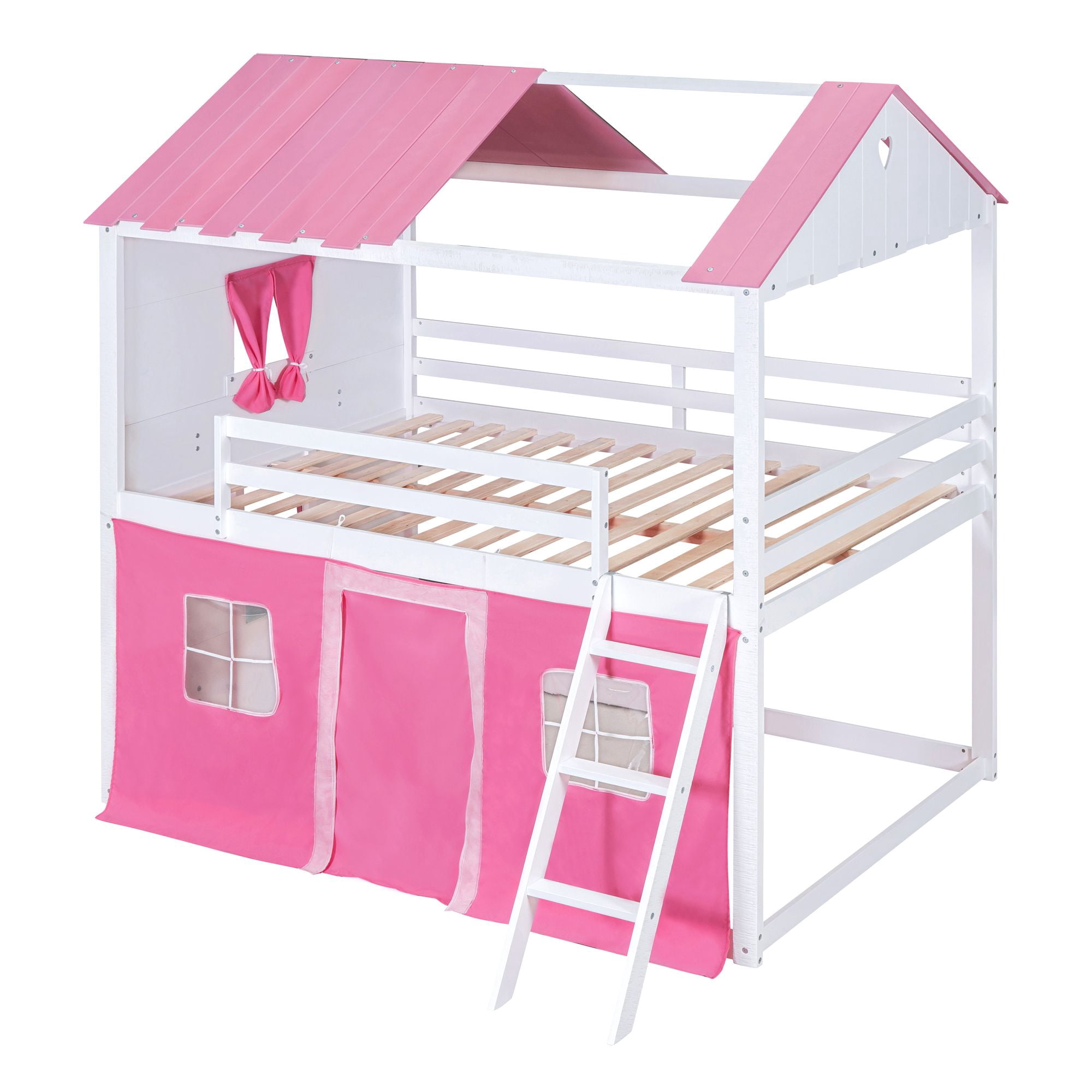 Aukfa Full over Full Bunk Bed with Tent and Roof, Wood Playhouse Bed for Kids, Pink