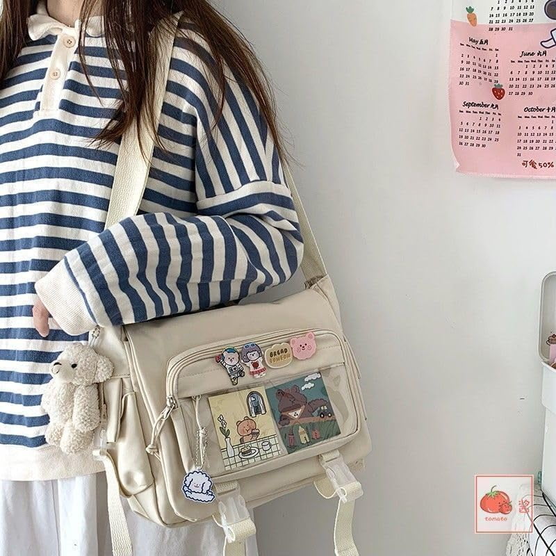 Kawaii Crossbody Ita Bag for Women with Pin & Plush Bear - Japanese Messenger Bags Y2K Shoulder Purse(Blue)
