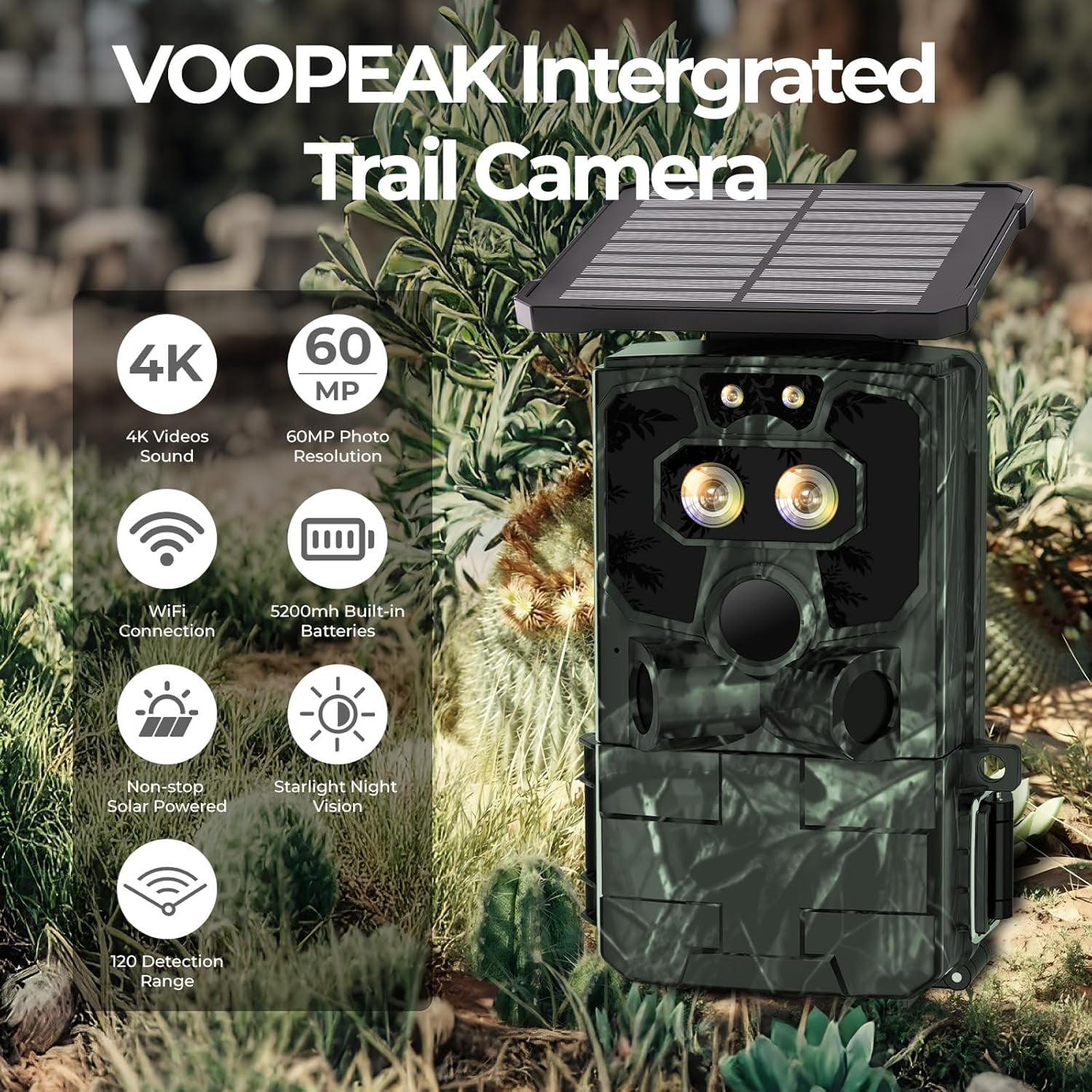CAMPARK Solar Powered Trail Camera WiFi Bluetooth 60MP 4K UHD Dual Lens  Starlight Night Vision IMX458 Sensors 0.1s Motion Activated  IP66 Waterproof 2.4"LCD Game Hunting Camera with SD Card