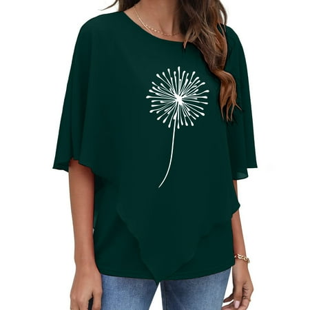 

kakina CMSX Boho Shirts for Women Plus Casual Printed Chiffon Crew-neck Tops Graphic Tees Clearance Green M