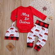 Lovely Kids Baby Girl Boy My First Christmas Romper Pant Hat Outfits Xmas Set