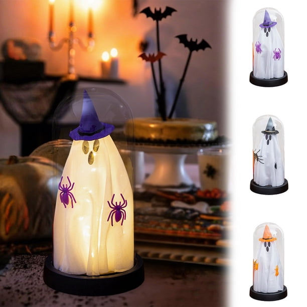 Decoración de luces nocturnas de fantasmas de Halloween | Sombrero de Mago con Cúpula Colgante | Acento espeluznante de interior a pilas | Plástico negro, naranja, morado | 8,46x4,33 pulgadas