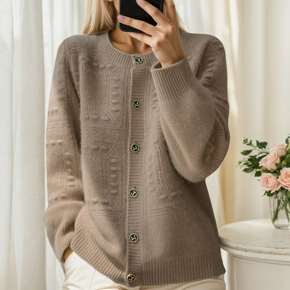 HOMBOM Sweaters for Women Khaki Cardigan Light Winter Long Sleeve Crew Neck Ladies Cardigans Button down