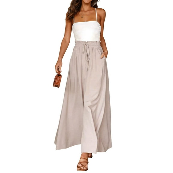 Women Casual High Waist Spring Fall Solid Color Long Wide Leg Pants Casual with Pockets S