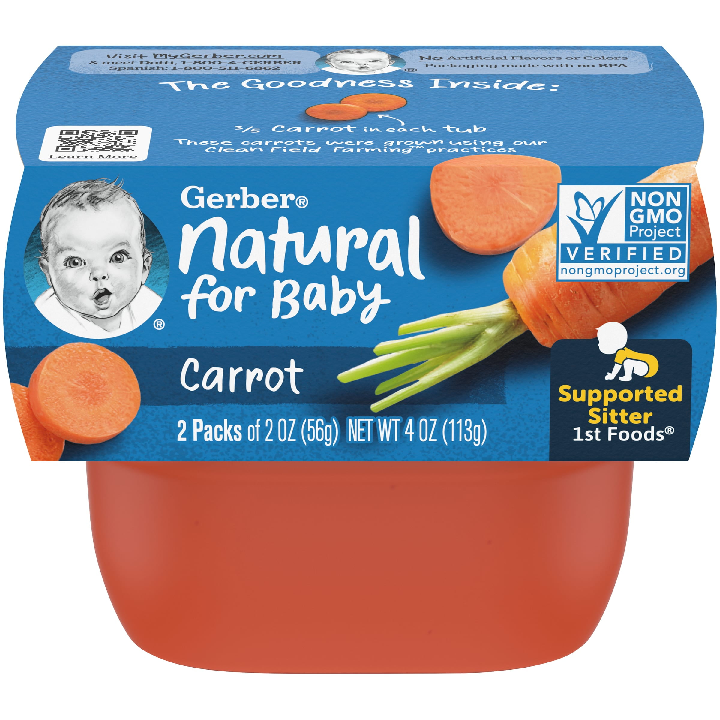 Gerber Natural Stage 1 Baby Food, Carrot, 2 oz Tubs (16 Pack)
