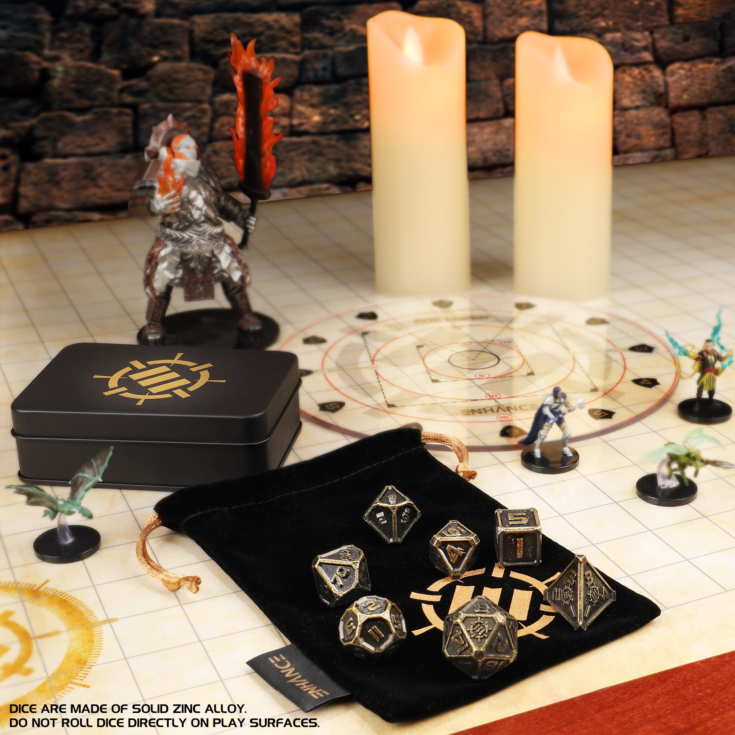 ENHANCE DnD Metal Dice Set - 7pc Solid Zinc Alloy Polyhedral DnD Dice with Storage Case and Dice Bag