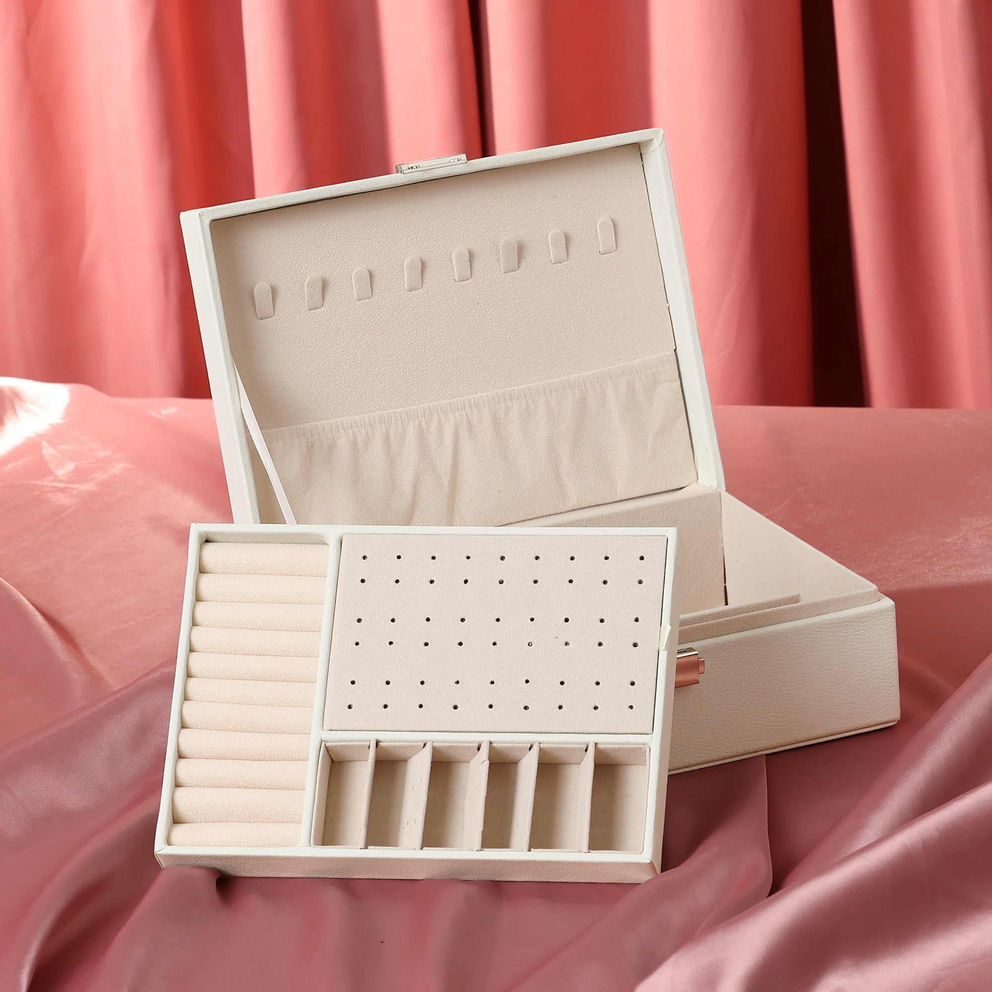 Unique Bargains 2 Layer Jewelry Box PU Leather Jewelry Organizer Case Storage with Drawer White