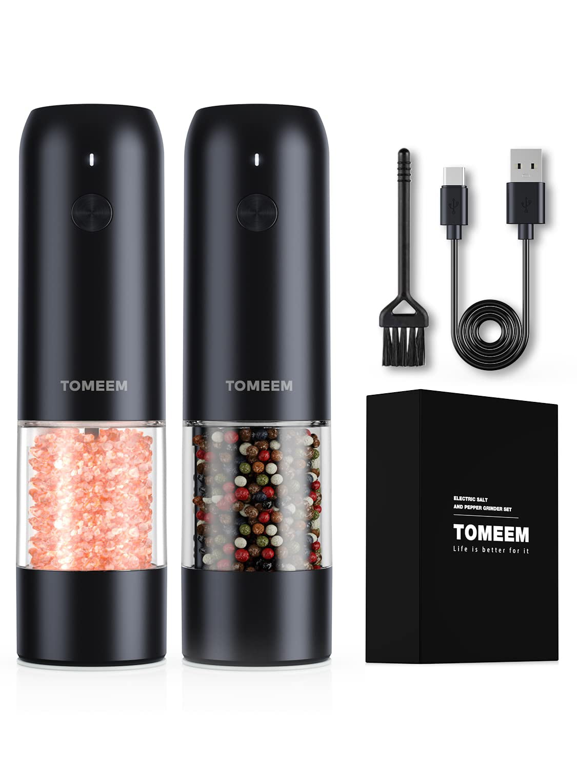  Electric Salt and Pepper Grinder Set - USB Rechargeable,  Upgraded Capacity, Automatic One Hand Operation Salt and Pepper Mill Set  with Led Light & Adjustable Coarseness Refillable - Greige: Home 