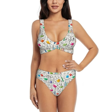 Zeuib Chemical Flasks And Test Tubes High Waisted Tummy Control Bikini Set - Knot Front Push Up Top & Cheeky Thong Bottom  Two-Piece Swimsuit for Women-Medium