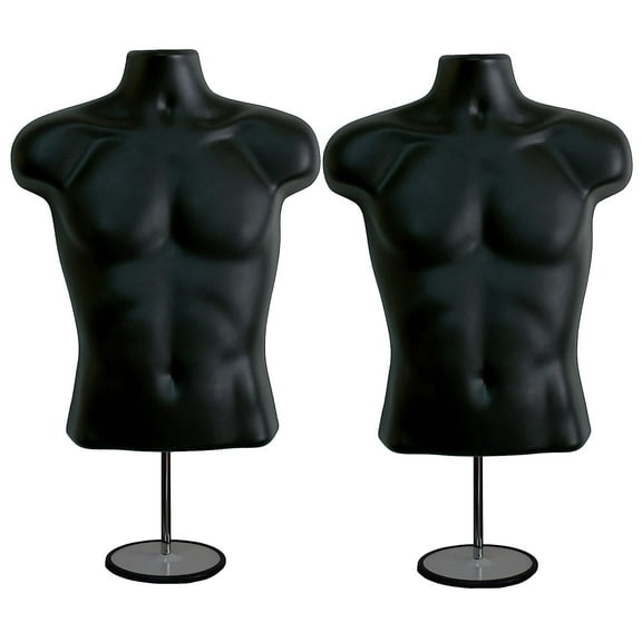 DisplayTown 2 Pack Black Male Mannequins Hollow Back Body Torso w/ Metal Stands with Metal Pole & Hanging Hook for Tshirt Display, S-M Sizes