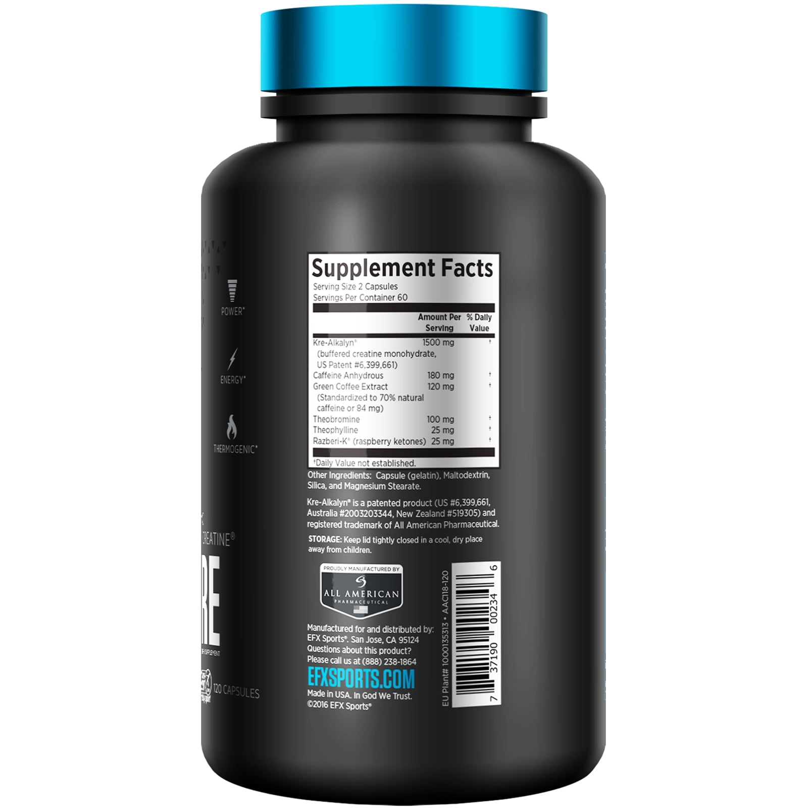 All American EFX Kre-Alkalyn Hard Core Pre Workout Capsules, 120 Ct