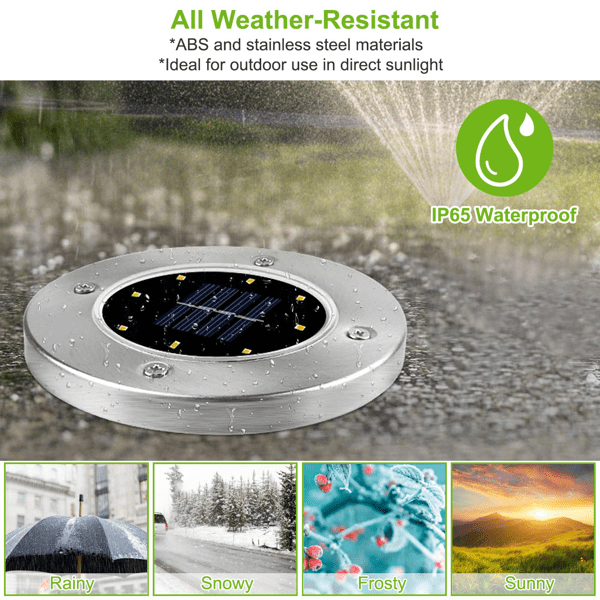 4 Pack Outdoor Solar In‑Ground Pathway Lights, IP65 ABS & Stainless Steel Ground Lamp with Light Sensor, Ground Stakes for Lawn, Sidewalk and Yard Decoration