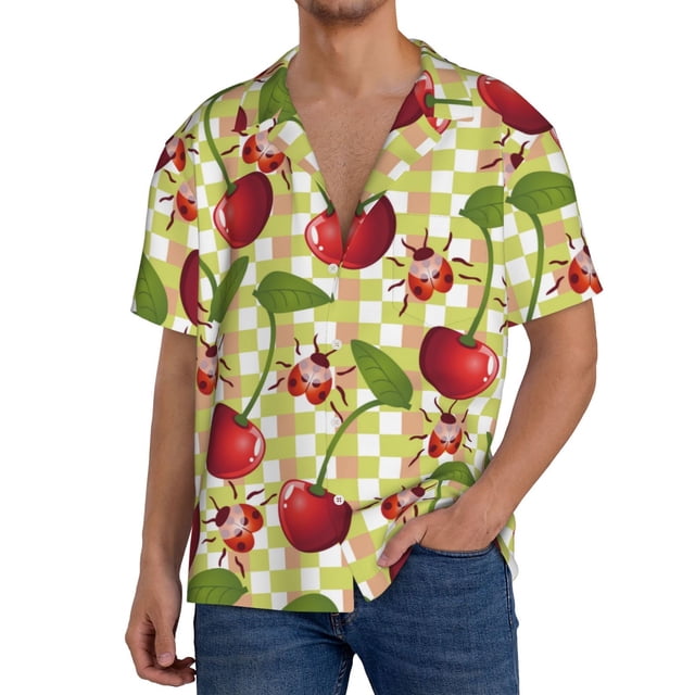 Balery Cherries and Ladybirds Camisa Casual de Manga Corta con Botones para Hombre, Texturizada, Estilo Cubano, para Playa, Verano-Small