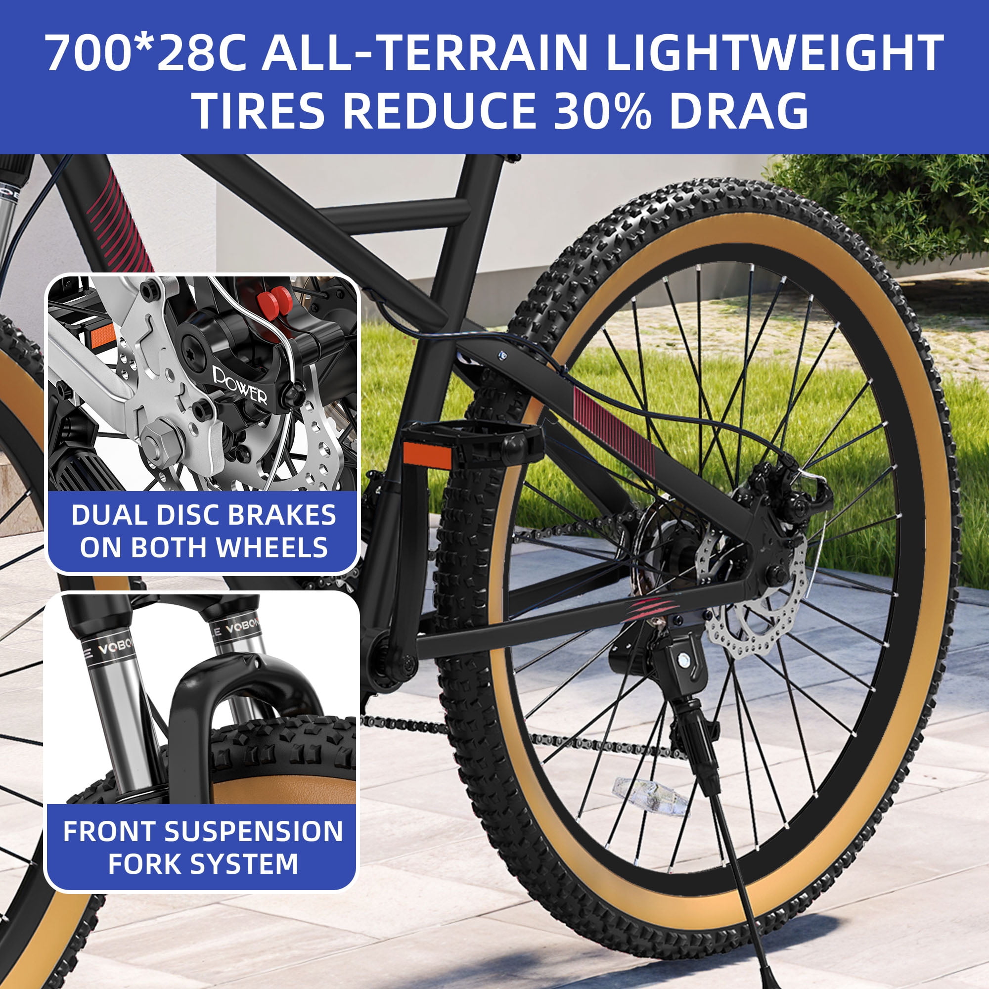 ModFusion 26-Inch Aluminum Alloy Mountain Bike, 21-Speed, Disc Brakes, Black with Brown Tires, 85% Assembled