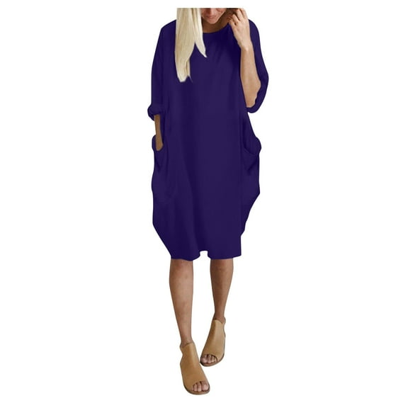 Winter Fall Dresses for Women Wedding Guest Long Sleeve Pocket Loose Dress Ladies Round Neck Casual Knee-Length Dress
