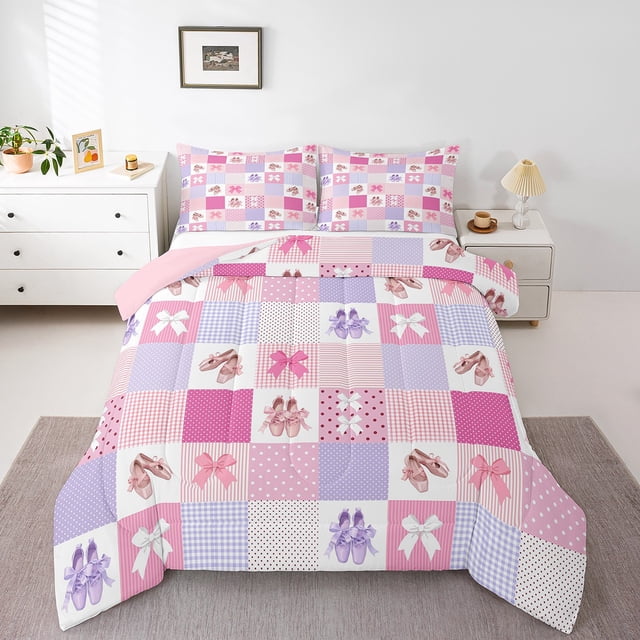 Ensembles de Literie Complets Patchwork Roses pour Filles, Ensemble de Couette Nœud Rose, Ballerina Chaussures de Ballet Ensembles de Literie Couette pour Adolescentes Filles, Insert de Couette Style Princesse de Rêve, Rose Blanc