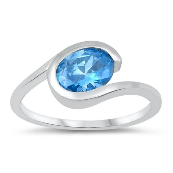 Blue Simulated Topaz Oval Tension Wave Ring .925 Sterling Silver Band CZ Jewelry Female Size 4