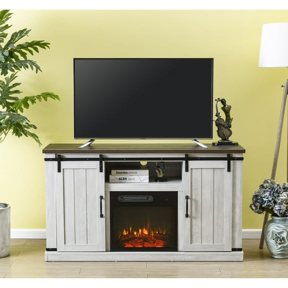 FESTIVO 54 in. Saw Cut-off White Sliding Doors TV Stand for TVs up to 60 in. with Electric Fireplace