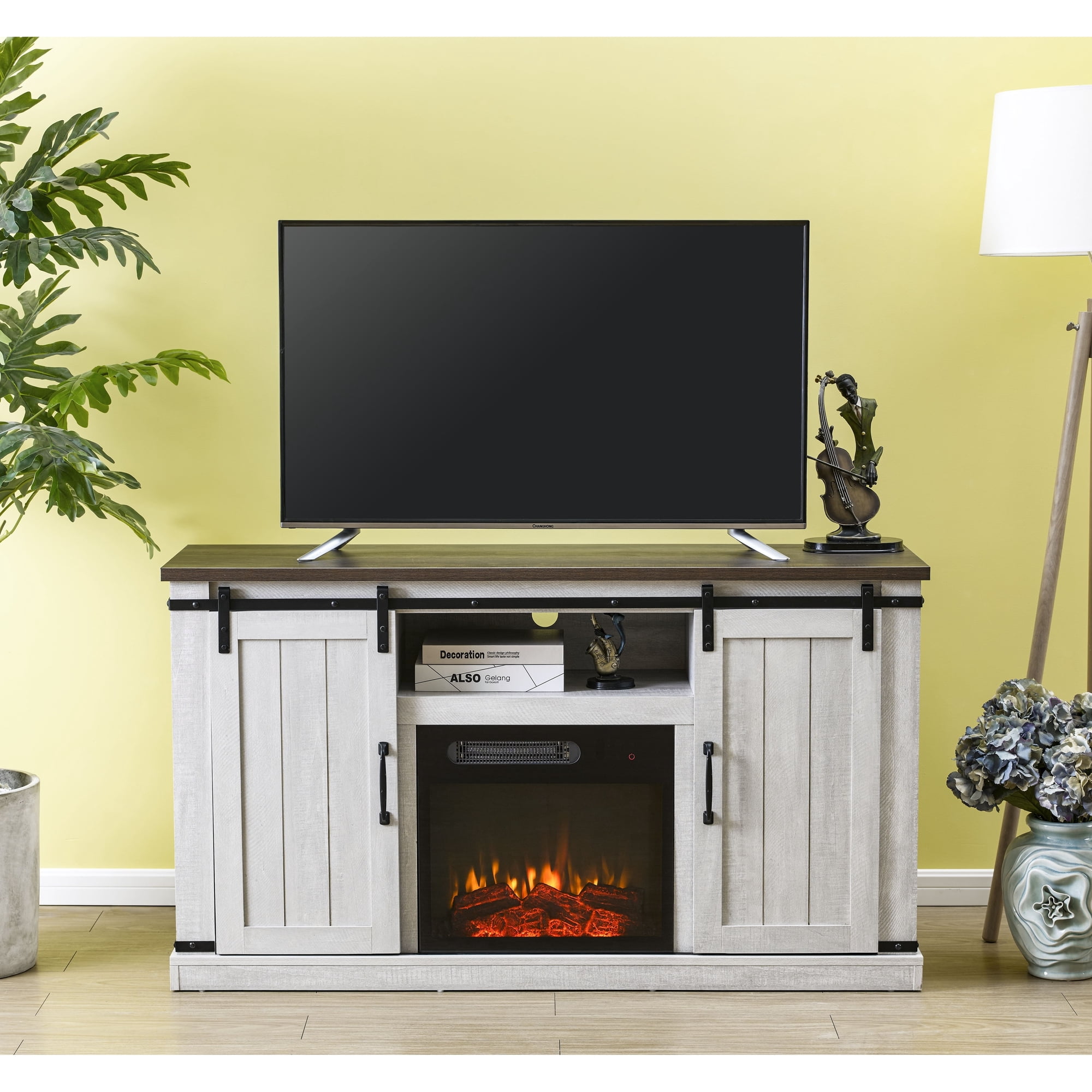 FESTIVO 54 in. Saw Cut-off White Sliding Doors TV Stand for TVs up to 60 in. with Electric Fireplace