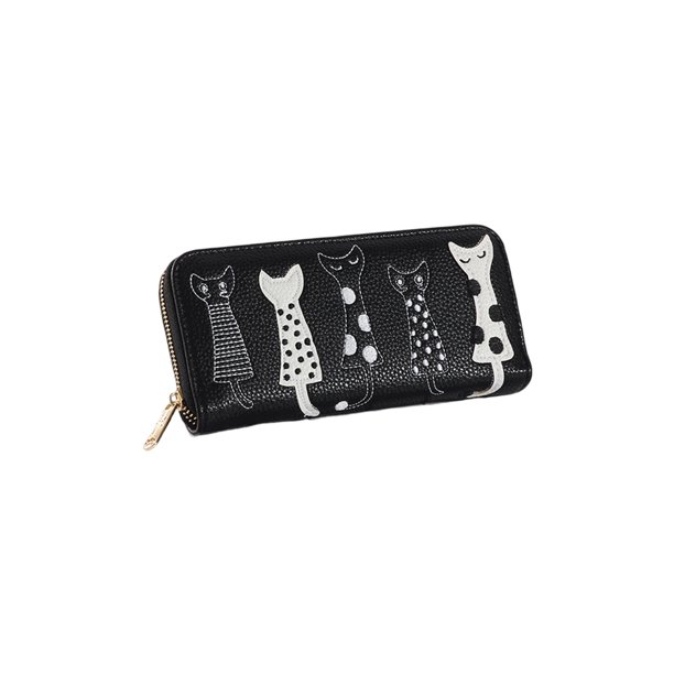 Qarigey Cartera larga para mujer, tarjetero con foto de gato, estilo bonito, bordado, informal, multitarjeta, bolso suave, monedero de cuero Carteras Negro