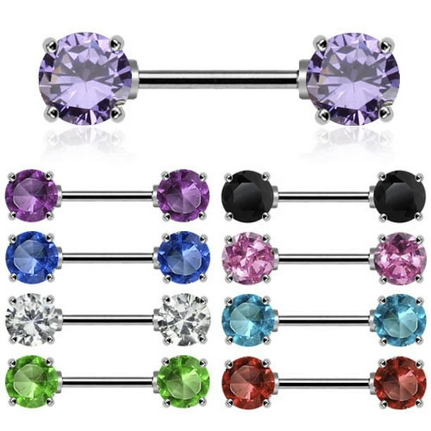 EG Gifts Nipple Bar Ring Body Jewelry Double Round Gem 14 Gauge 1/2