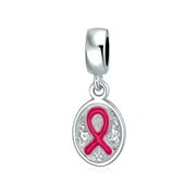 Pink Ribbon Breast Cancer Survivor Hope Oval Dangle Charm Bead for Women 925 Sterling Silver Fits European Bracelet
