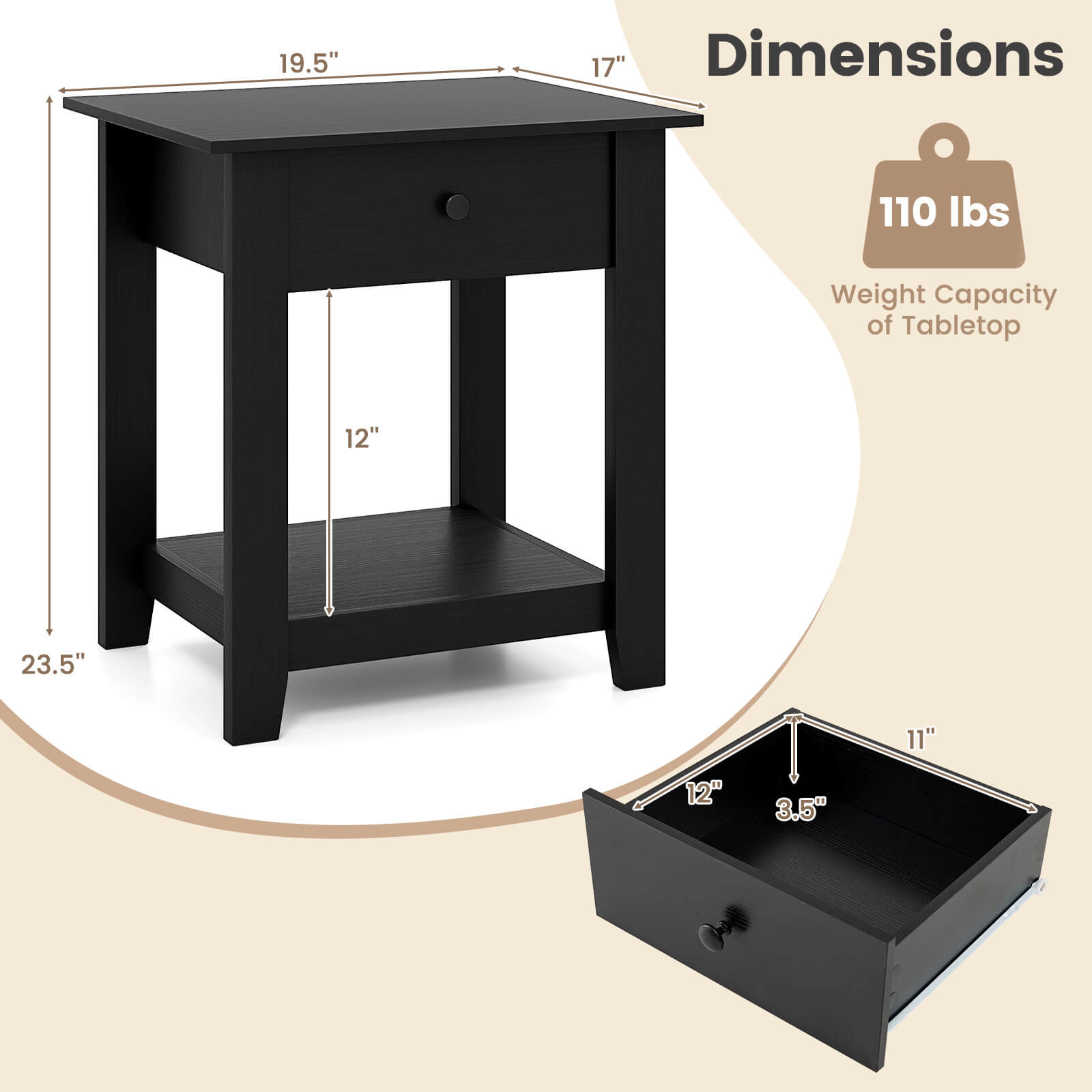 Costway 1 PCS Nightstand with Drawer 3-Tier Modern Bedside Table with Open Shelf Storage for Bedroom Black
