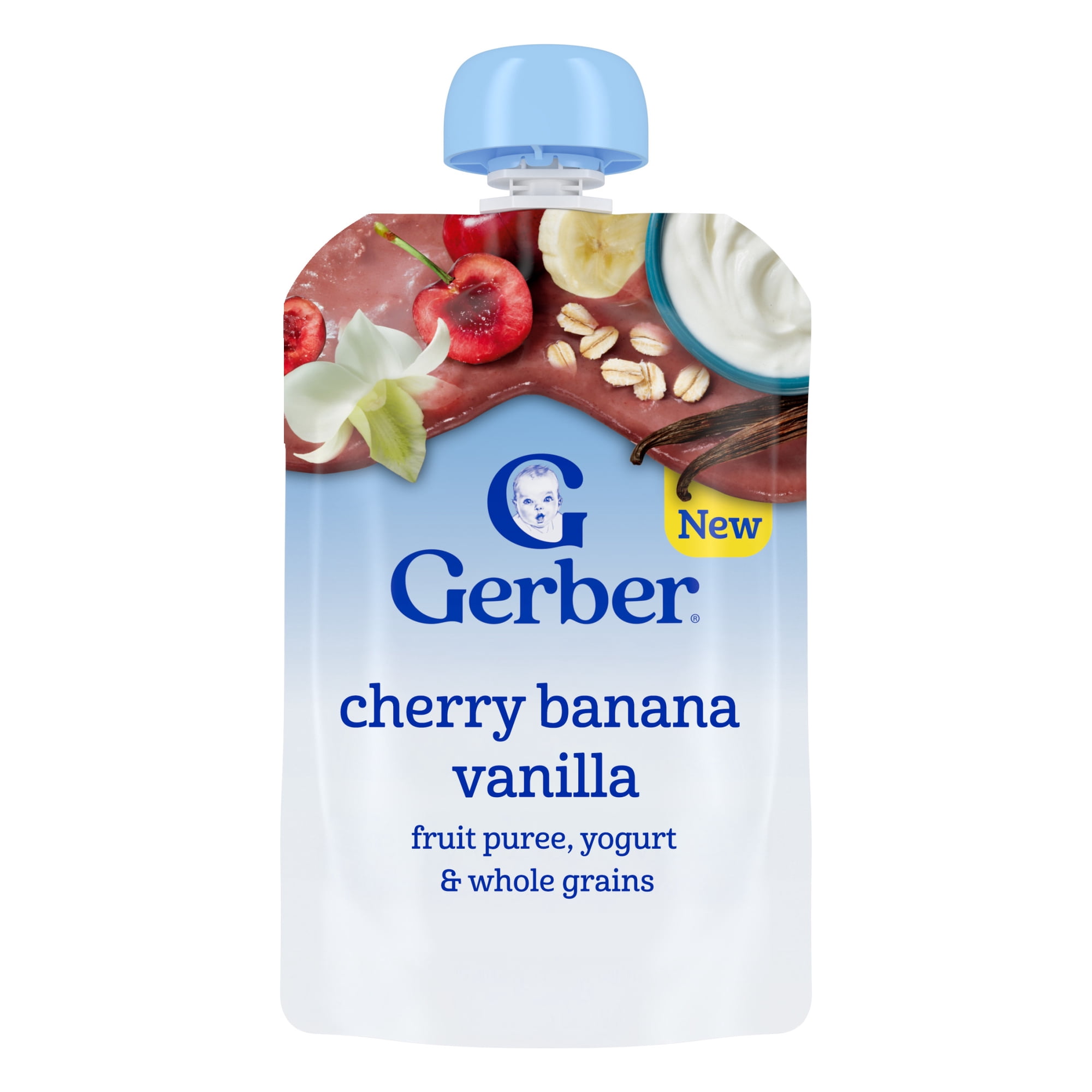 Gerber Toddler Food with 25% DV Iron, Cherry Banana Vanilla Puree Pouch, Fruit Yogurt & Whole Grain 3.5 oz