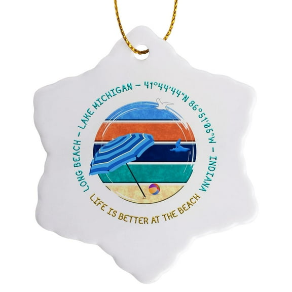 3drose, American Beaches - Long Beach, Lake Michigan, Indiana Travel Gift, 3 inch Snowflake Porcelain Ornament