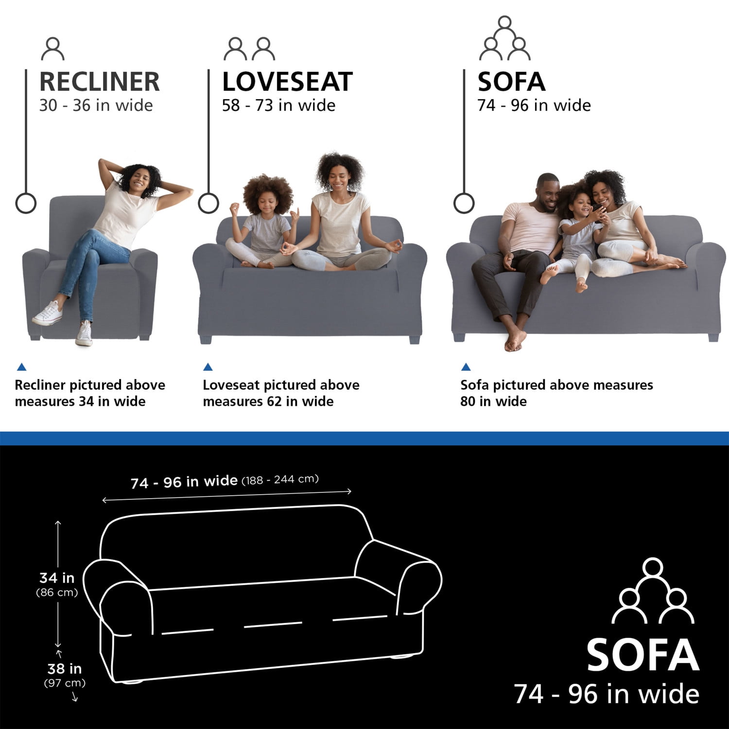Mainstays Chenille Stretch-to-Fit Sofa Fabric Slipcover, 1-Piece, Blue