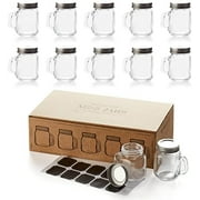 2.5 oz Small Mason Jars with Lids (10 pack) Leak Proof Mini Mason Jars with Handles, Glass Shot Glasses with Chalkboard Labels, Tiny Mugs for Alcohol Gifts, Party Favors, Juice, Jam, Candy, Weddings