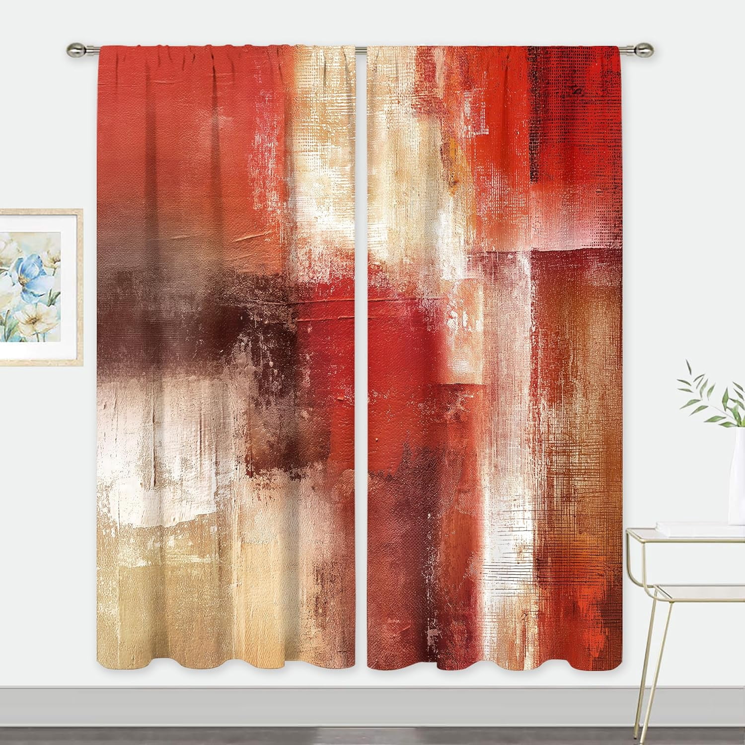 Red Curtains 52Wx84H Inch Rod Pocket Abstract Rustic Vintage Burgundy Brown Modern Oil Painting Bedroom Window Drapes Contemporary Women Art Aesthetic Printed Living Room Window Treatment