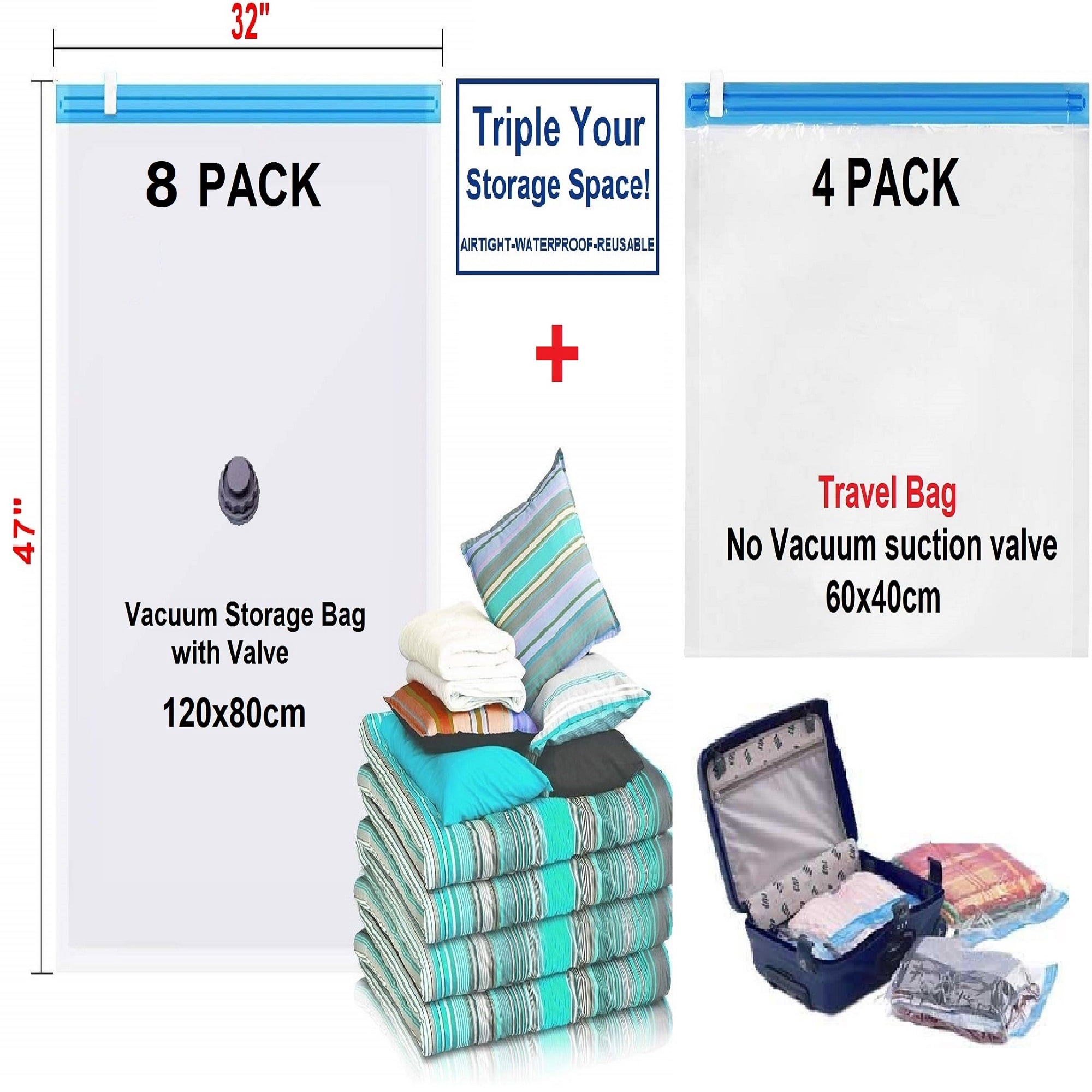 QQbed Vacuum Storage Bags Combo, 12 Pack, Jumbo 47 x 32 inch and Travel Roll up Bags, Space Saver Bags for Clothes Storage