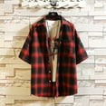 thumbnail image 2 of Shirts for Men Plaid Short Sleeve Button Down Lapel Blouses Outdoor Breathable Casual Loose Summer Tops Red XXL, 2 of 4