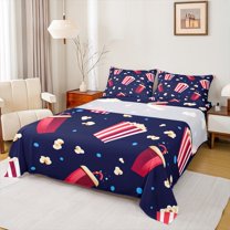jejeloiu 3D Popcorn Twin Sheet Sets,Vintage Cinema Movie Theater Twin Fitted Sheet,Blue Circle Dots Flat Sheet For Teens,Breathable Home Decor,3 Pieces