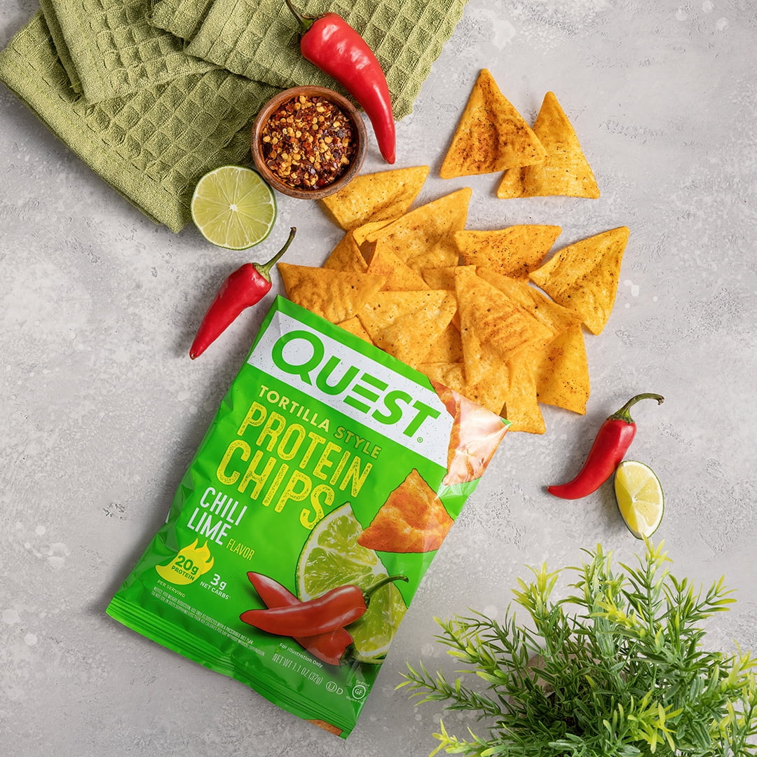 Quest Tortilla Style Protein Chips, Chili Lime Flavored, Baked, 1.1oz Bags, 12 Count