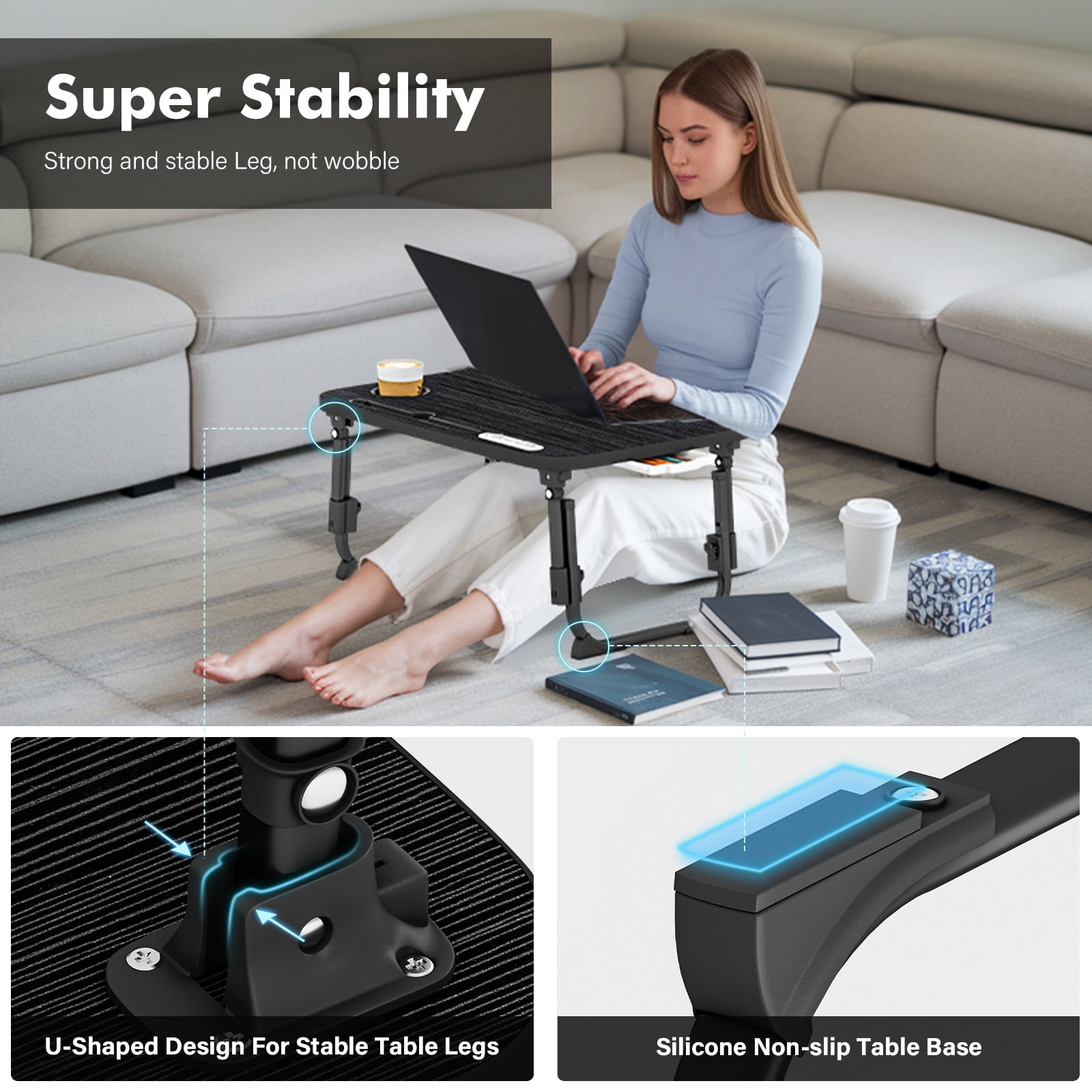 Foldable Laptop Desk,Height Adjustable,with USB/Storage Drawer/Cup Holder/Tablet Stand/Book Shelf for Reading,Writing,Eating,Watching,Black