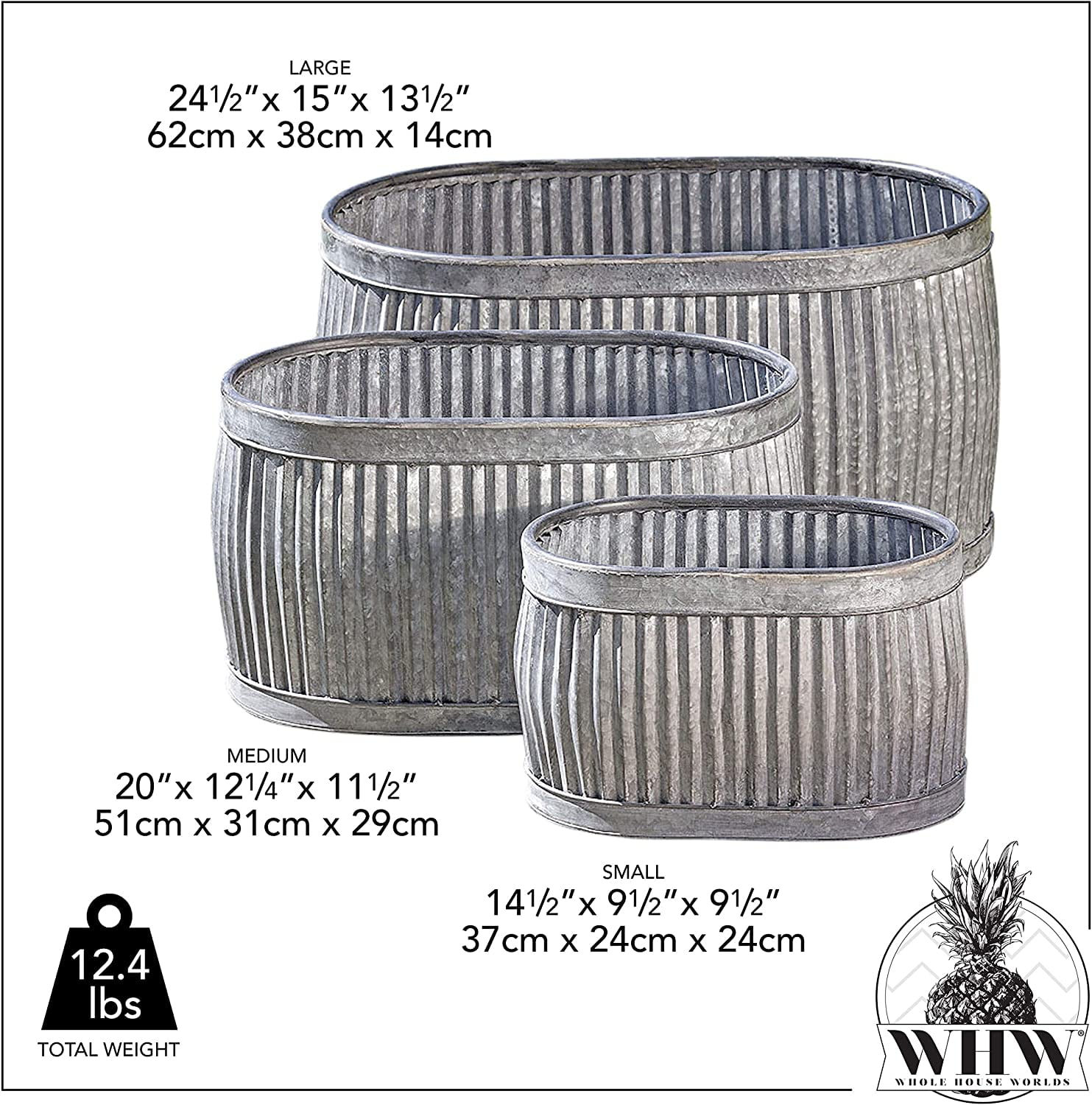 WHW French Country Style Oval Belly Planters, Set of 3, Gray, Galvanized Metal, Corrugated Cache Pots, 24.5, 20 and 14.5 inches